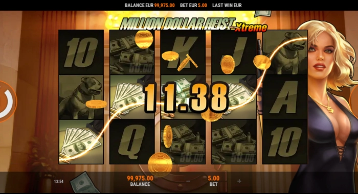 A digital slot machine game interface titled Million Dollar Heist Xtreme displays spinning reels with symbols including cash, dogs, and playing cards, along with a blonde woman and game balance information.