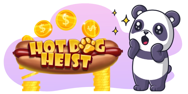 A cartoon image displays a surprised panda bear next to the "Hot Dog Heist" logo, depicted as a hot dog with a paw print, and floating gold coins with dollar signs.
