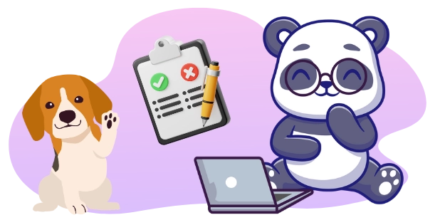 A cartoon image depicts a beagle dog waving beside a clipboard with checkmarks and an X, while a panda bear wearing glasses sits at a laptop.