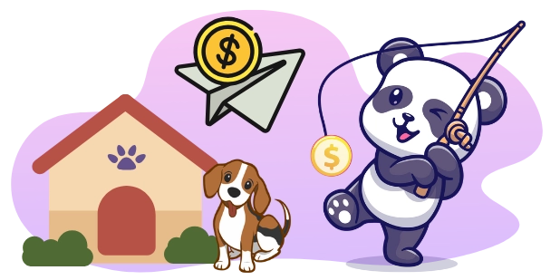 A cartoon image shows a beagle dog near a doghouse with a paw print, while a winking panda bear dangles a coin on a fishing rod towards a paper airplane with a dollar coin.