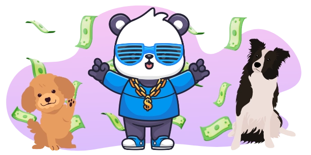 A cartoon image shows a panda bear wearing blue sunglasses and a gold chain, standing between a poodle and a border collie, with green dollar bills falling around them.