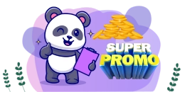 Cartoon panda with "Super Promo" text and coins.