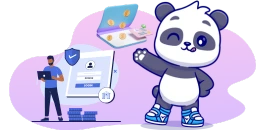 A winking cartoon panda gestures toward a scene with a person using a laptop, a secure login screen, and a floating laptop with coins and a credit card.