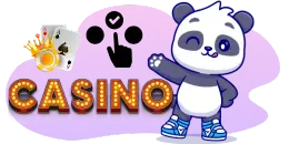 A cartoon panda winks and gestures towards a "CASINO" sign with playing cards and a chip.