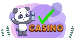 Panda with phone, checkmark, and "CASINO" sign.