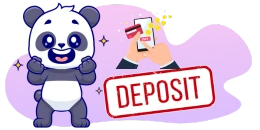A cartoon panda excitedly gestures towards a "DEPOSIT" sign and a hand holding a phone displaying a credit card transaction.