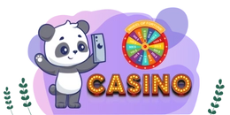 Panda with phone, "Casino" sign, and wheel of fortune.