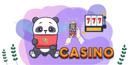 A cartoon panda sits at a laptop with a casino website featuring a hand holding a phone and a slot machine and the word CASINO inbright lights.