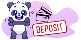 A cartoon panda excitedly gestures towards a "DEPOSIT" sign and two credit cards.