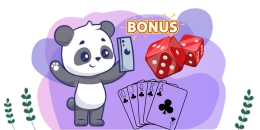 Panda with phone, dice, cards, and "Bonus" sign.