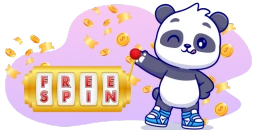 A winking cartoon panda pulls the lever on a slot machine displaying "FREE SPIN," with golden coins falling.