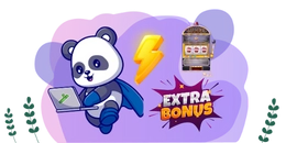 Panda with laptop, lightning bolt, and slot machine, promoting an Extra Bonus