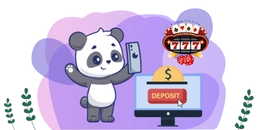 A cartoon panda excitedly holds a phone displaying a casino app with a slot machine and a DEPOSIT button.