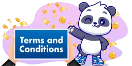 A cartoon panda gestures to a sign held by two hands, displaying "Terms and Conditions," with falling coins in the background.
