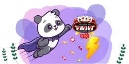 Flying panda with casino slot machine, chips, and lightning bolt.