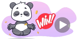 A cartoon panda meditates with a WIN! bubble and play button, with a few coins floating around.
