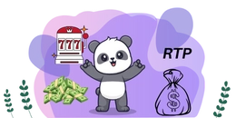 Cute panda with slot machine, cash, and money bag, labeled RTP