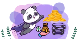 Flying panda with coins, chips, and a hand offering a bonus bag.