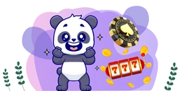 A cartoon panda gleefully celebrates with a casino chip, gold coins, and a slot machine displaying 777.