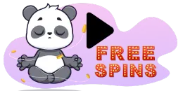 A cartoon panda meditates next to a play button and the text "FREE SPINS" with golden coins swirling around.