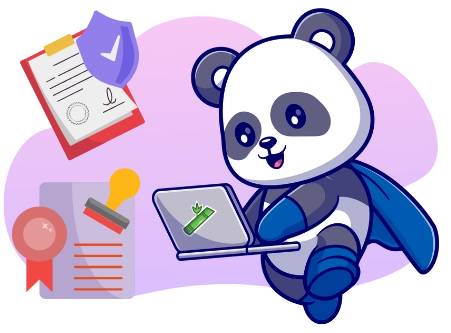 A cartoon panda bear wearing a blue cape uses a laptop with a bamboo icon, surrounded by a clipboard with a checkmark, a document with a stamp, and a magnifying glass.
