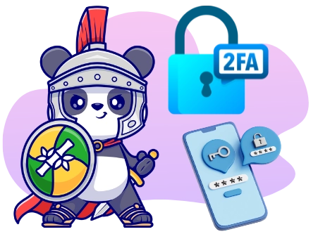 A cartoon panda bear dressed as a knight with a helmet, shield, and cape stands next to a lock with