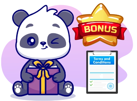 A winking panda bear holds a gift box, next to a star with a