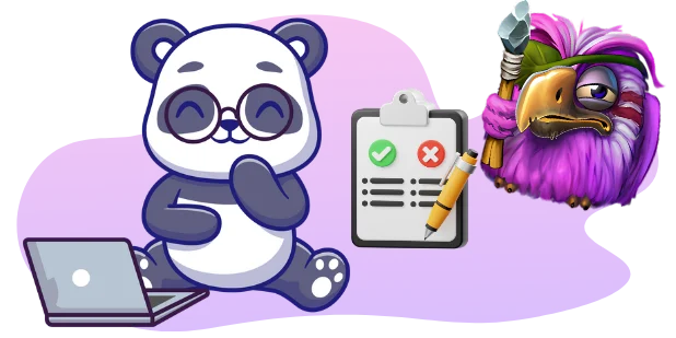 A cartoon panda wearing glasses sits with a laptop, next to a checklist with a checkmark and an X, and a cartoon bird character holding a spear, all against a gray and purple background.