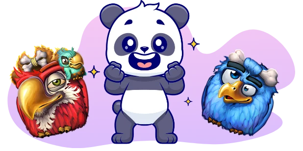 A cartoon panda with a happy expression stands between two bird characters with bones, all against a gray and purple background.