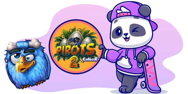 A cartoon panda wearing a purple hooded jacket and a cap winks, holding a skateboard, next to a logo that reads PIROTS 2 CollectR and a blue bird character with a bone on its head, all against a gray background.