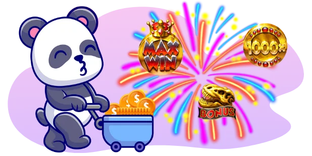 A cartoon panda pushes a cart full of gold coins, with fireworks and various bonus symbols in the background, all against a gray and purple background.