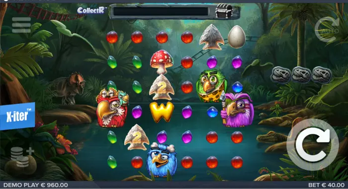 A screenshot of the Pirots 2 slot game with a jungle theme, featuring various symbols and a demo play balance of €960.00.