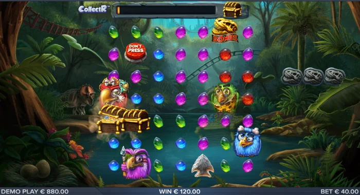 A screenshot of the Pirots 2 slot game with a jungle theme, displaying a DON'T PRESS button, a win of €120.00, and a demo play balance of €880.00.