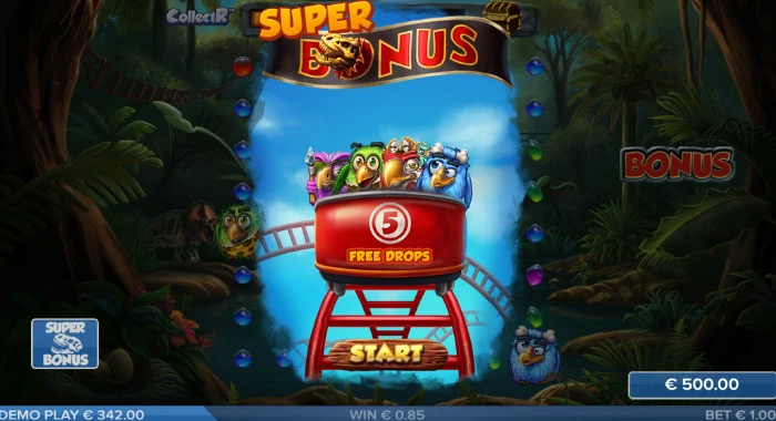 A screenshot of the Pirots 2 slot game's SUPER BONUS feature, showing 5 free drops, a demo play balance of €342.00, a win of €0.85, and a bet of €1.00.