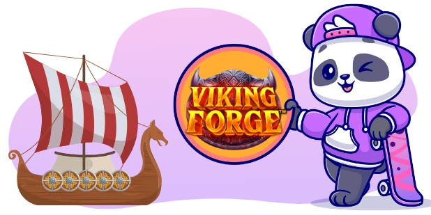 A cartoon image depicts a stylized Viking longship with a striped sail next to a winking panda bear dressed in a purple hoodie and cap, who is holding a skateboard and pointing towards a circular logo with the words VIKING FORGE.