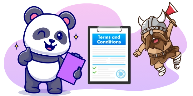 A cartoon image features a winking panda giving a thumbs-up while holding a clipboard next to a Terms and Conditions document, with a small Viking character holding an axe in the background.