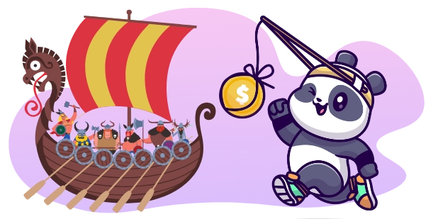A cartoon image depicts a Viking longship with a striped sail and a group of small Viking figures, while a winking panda bear dangles a coin on a string towards the ship.