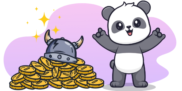 A cartoon image shows a panda bear with outstretched arms and a happy expression next to a pile of gold coins and a Viking helmet.