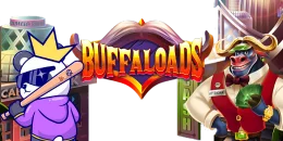 A cartoon panda wearing sunglasses and a crown, holding a baseball bat, stands next to a "BUFFALOADS" logo and a buffalo character dressed in a suit.
