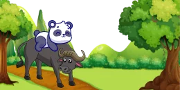 A cartoon panda cub rides on the back of a black water buffalo with large horns, walking along a path between two trees.