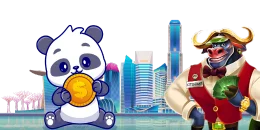 A cartoon panda holds a large gold coin with a dollar sign, sitting next to a buffalo character in a suit against a cityscape background.