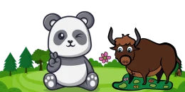 A cartoon panda winks and makes a peace sign next to a brown yak on a grassy field with a flower and green trees.