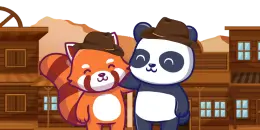 Two cute cartoon panda wearing a cowboy hat