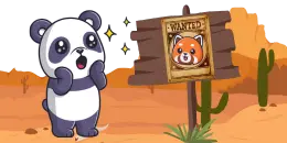 Cartoon panda looking at a wanted poster of another panda