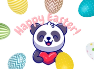 The panda character stands cutely around colorful eggs while holding a heart and the words