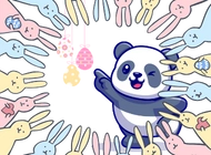 A cheerfully smiling panda creates a colorful atmosphere with pastel-colored rabbits and fun decorations around it.