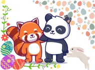 A cute panda and a red raccoon stand happily side by side among spring flowers and colorful eggs.