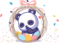 Illustration of a cute panda sitting in front of colorful eggs and wearing a flower crown decorated with a pink ribbon.