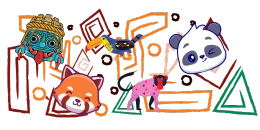 A digital illustration with a gray background features five cartoon animals: a blue creature with a rope headdress, a red panda, a toucan, a pink spotted animal, and a panda head. The animals are surrounded by outlined geometric shapes in orange, green, and red.