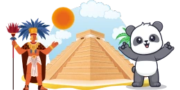 A digital illustration on a gray background shows a cartoon panda with outstretched arms, an orange sun, a pyramid, clouds, and a person in traditional clothing holding a staff.